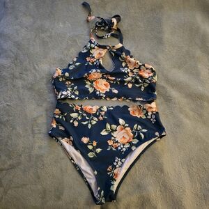 Floral Halter Top Bikini High Waisted Swimsuit